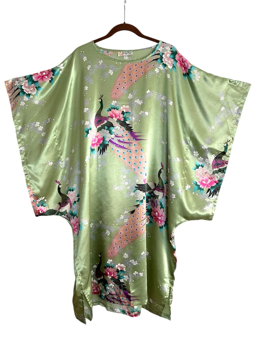 GOLDEN DRAGON Pure‎ Silk Peacock Kimono Caftan Top Sage Green Duster Loungewear
